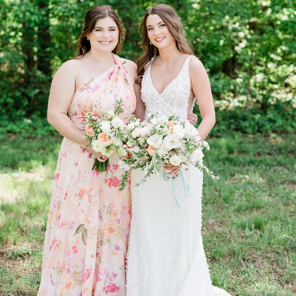 Azazie Floral Pink and White Wedding Dresses